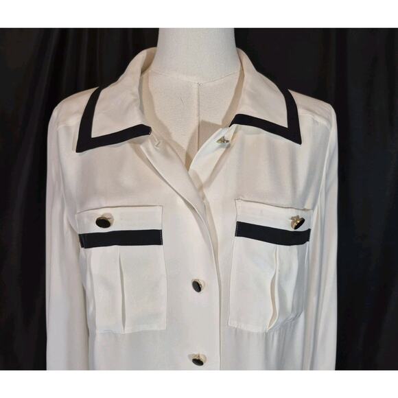 New Frame Black Piped Double Pocket White Silk Shirt XS - Picture 3 of 9